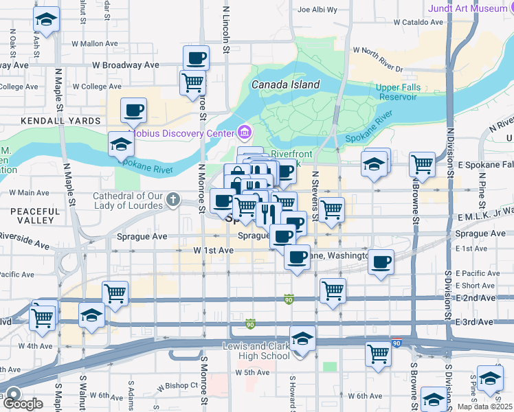 map of restaurants, bars, coffee shops, grocery stores, and more near in Spokane