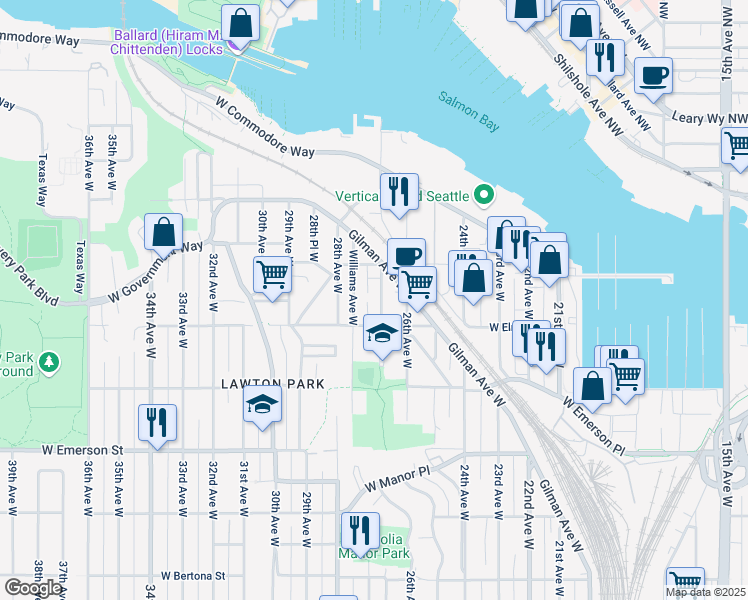 map of restaurants, bars, coffee shops, grocery stores, and more near 4210 27th Avenue West in Seattle