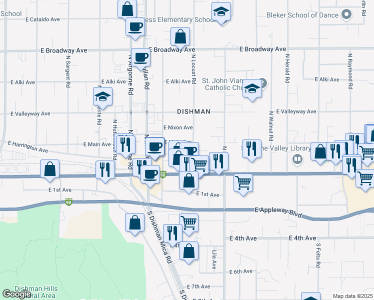 map of restaurants, bars, coffee shops, grocery stores, and more near 111 North Locust Road in Spokane Valley
