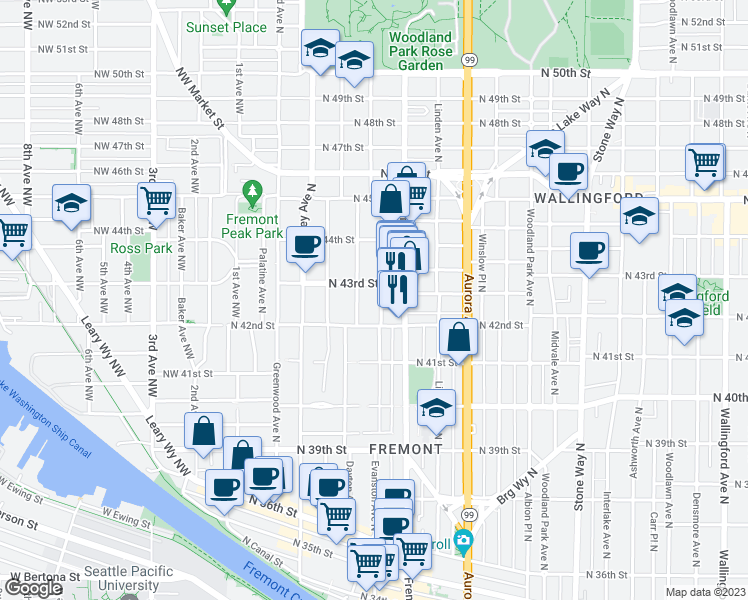 map of restaurants, bars, coffee shops, grocery stores, and more near 4223 Evanston Avenue North in Seattle