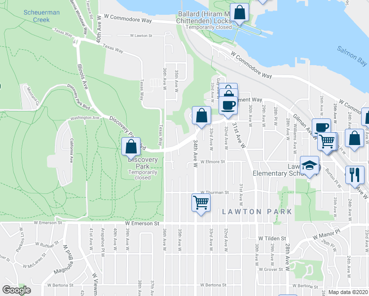 map of restaurants, bars, coffee shops, grocery stores, and more near 3423 West Government Way in Seattle