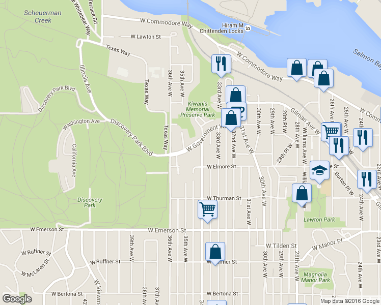 map of restaurants, bars, coffee shops, grocery stores, and more near 4200 34th Avenue West in Seattle