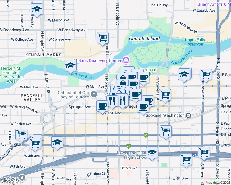 map of restaurants, bars, coffee shops, grocery stores, and more near 904 West Riverside Avenue in Spokane