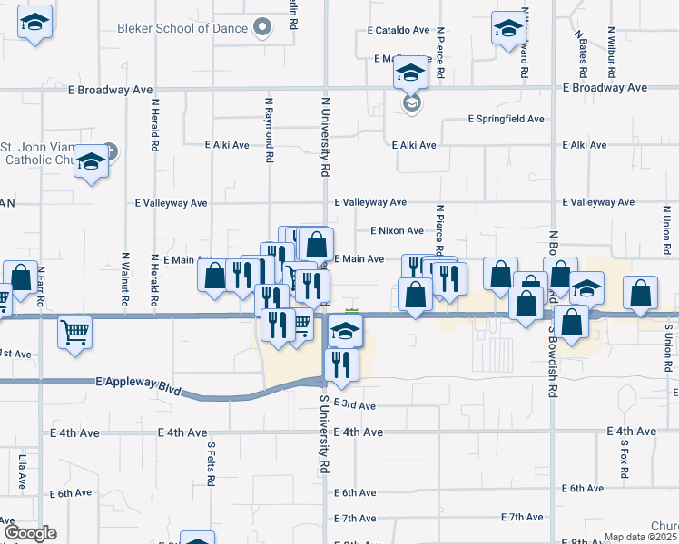 map of restaurants, bars, coffee shops, grocery stores, and more near 12b North University Road in Spokane Valley