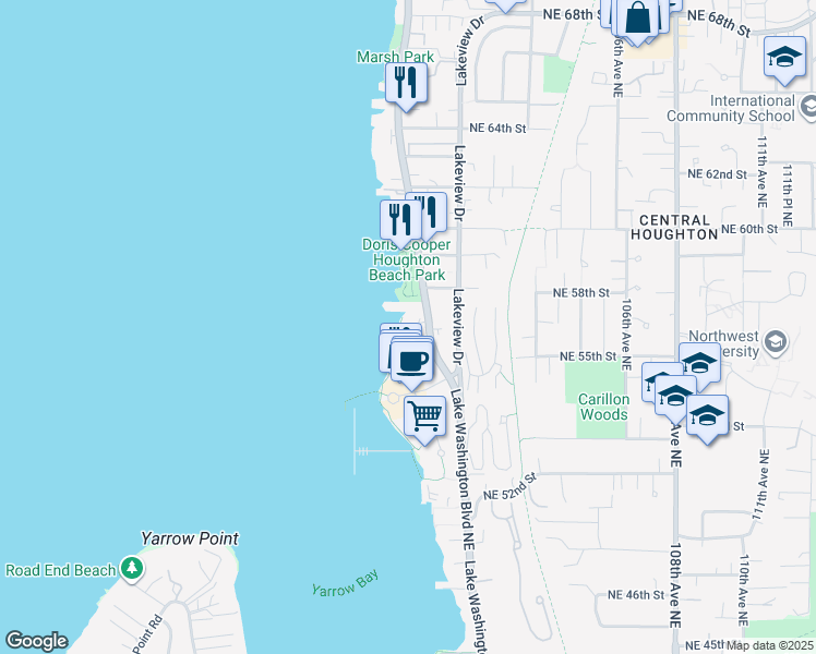 map of restaurants, bars, coffee shops, grocery stores, and more near 5505 Lake Washington Boulevard Northeast in Kirkland