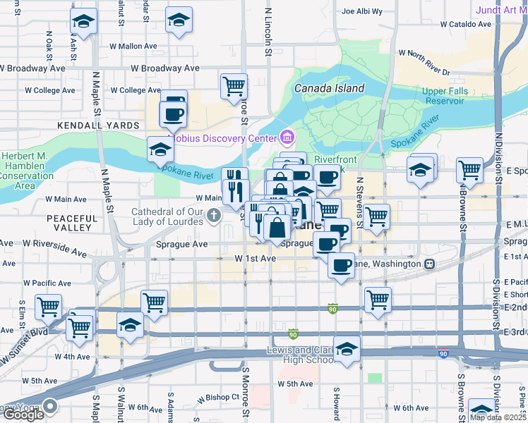 map of restaurants, bars, coffee shops, grocery stores, and more near 904 West Riverside Avenue in Spokane