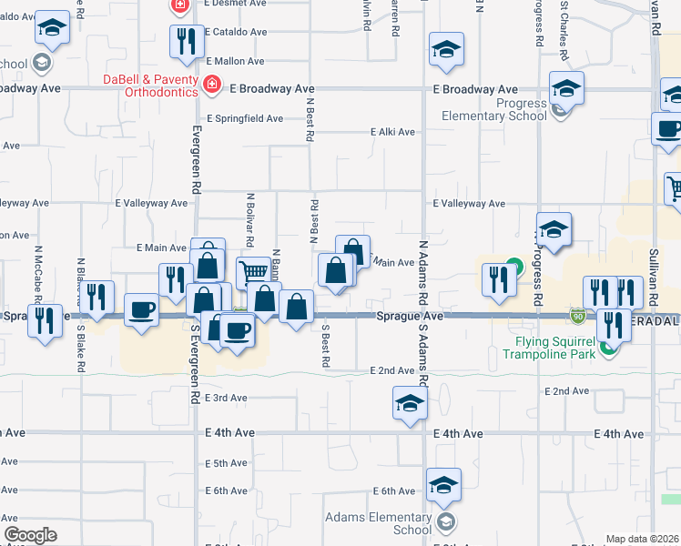 map of restaurants, bars, coffee shops, grocery stores, and more near 14303 East Sprague Avenue in Spokane Valley
