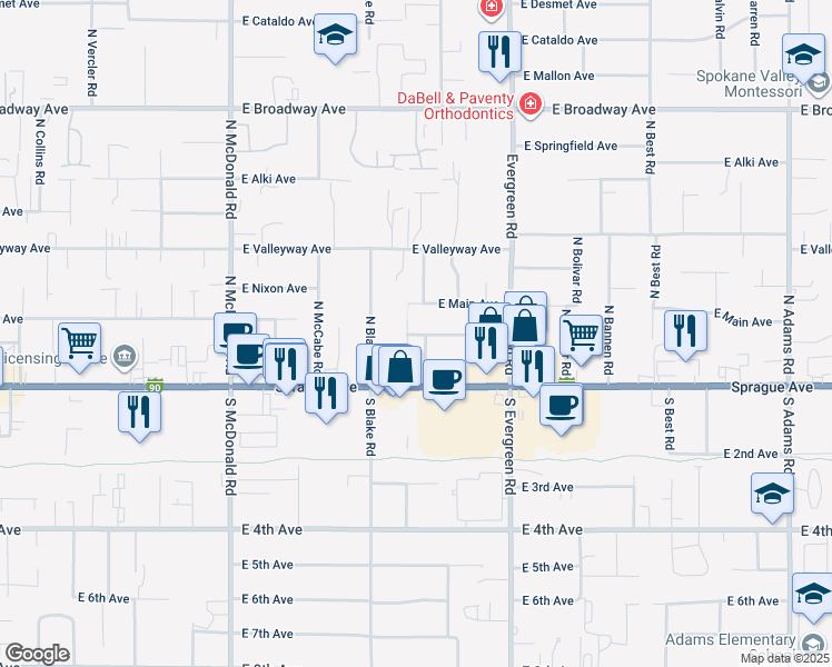 map of restaurants, bars, coffee shops, grocery stores, and more near 111 North Mayhew Road in Spokane Valley