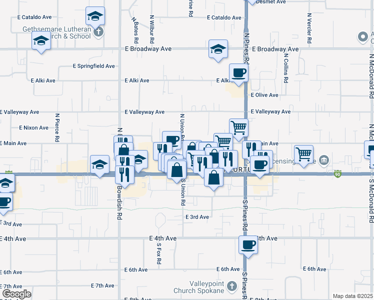 map of restaurants, bars, coffee shops, grocery stores, and more near 23 North Perrine Road in Spokane Valley