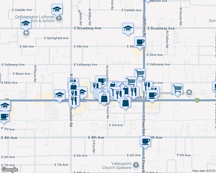 map of restaurants, bars, coffee shops, grocery stores, and more near 23 North Perrine Road in Spokane Valley