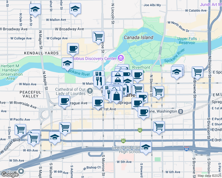 map of restaurants, bars, coffee shops, grocery stores, and more near 907 West Riverside Avenue in Spokane