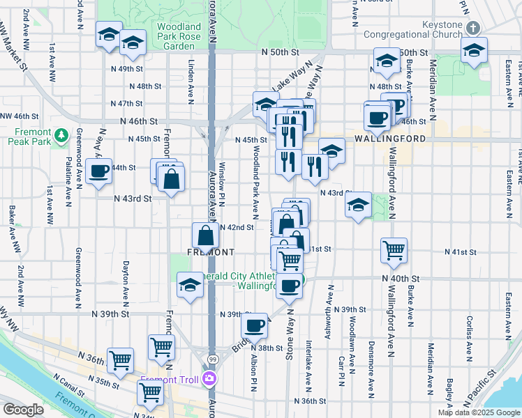 map of restaurants, bars, coffee shops, grocery stores, and more near 4142 Woodland Park Avenue North in Seattle