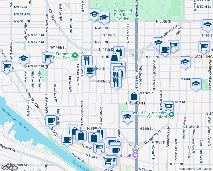 map of restaurants, bars, coffee shops, grocery stores, and more near in Seattle