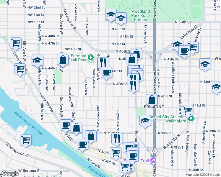 map of restaurants, bars, coffee shops, grocery stores, and more near 4205 Francis Avenue North in Seattle