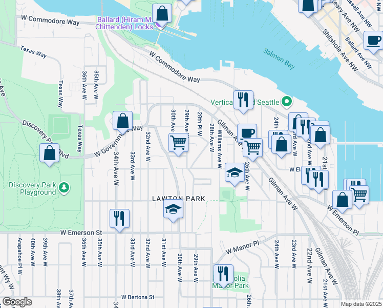 map of restaurants, bars, coffee shops, grocery stores, and more near 4214 28th Place West in Seattle