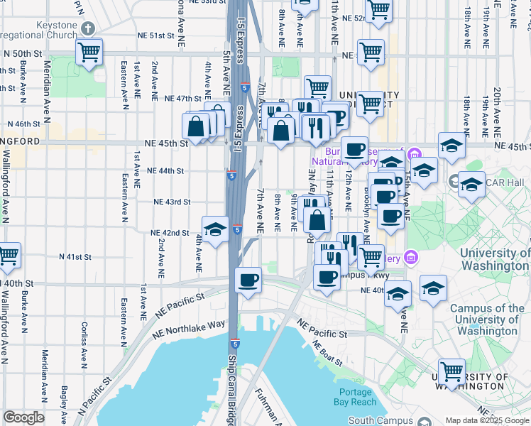 map of restaurants, bars, coffee shops, grocery stores, and more near 4236 7th Avenue Northeast in Seattle