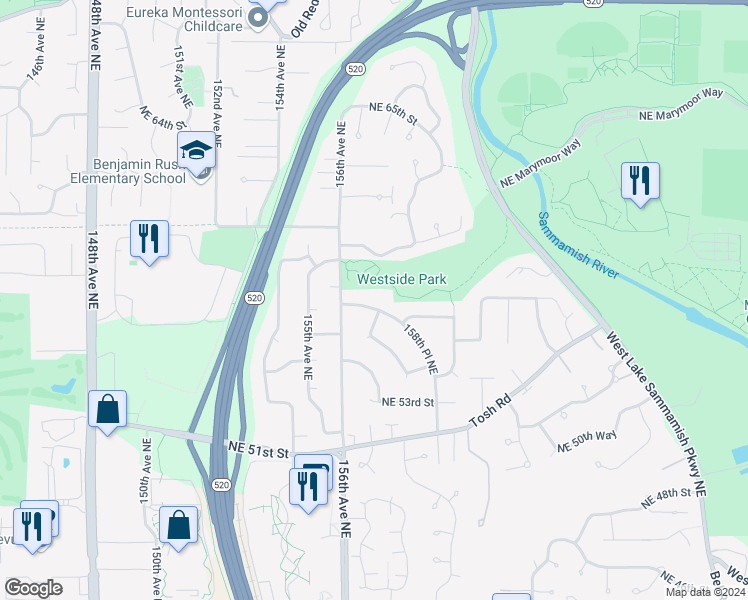 map of restaurants, bars, coffee shops, grocery stores, and more near 15630 Northeast 56th Way in Redmond
