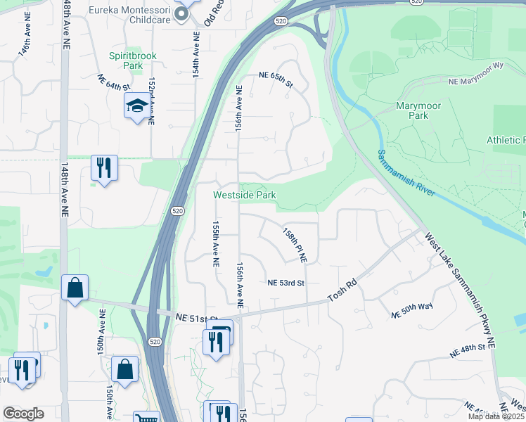 map of restaurants, bars, coffee shops, grocery stores, and more near 15630 Northeast 56th Way in Redmond