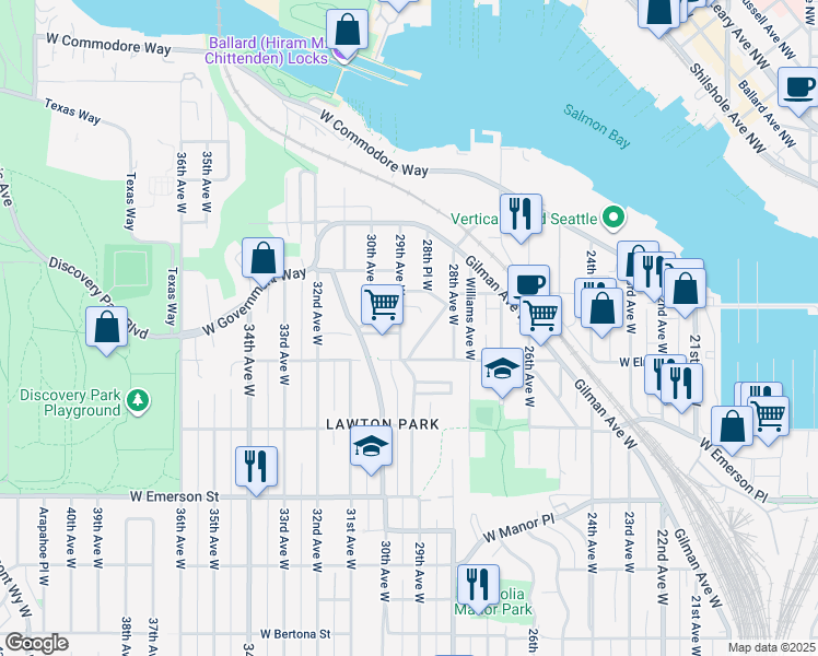map of restaurants, bars, coffee shops, grocery stores, and more near 4214 28th Place West in Seattle