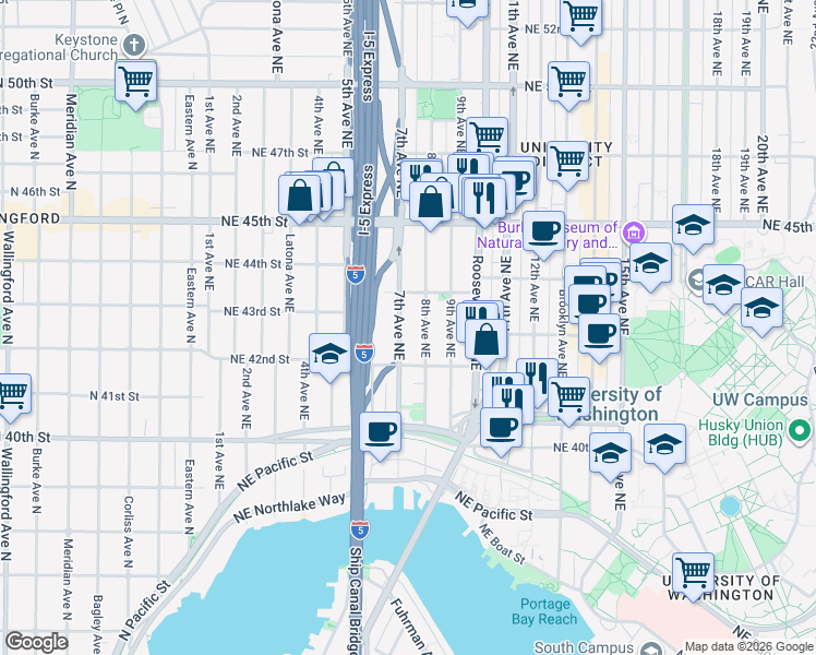 map of restaurants, bars, coffee shops, grocery stores, and more near 4210 7th Avenue Northeast in Seattle