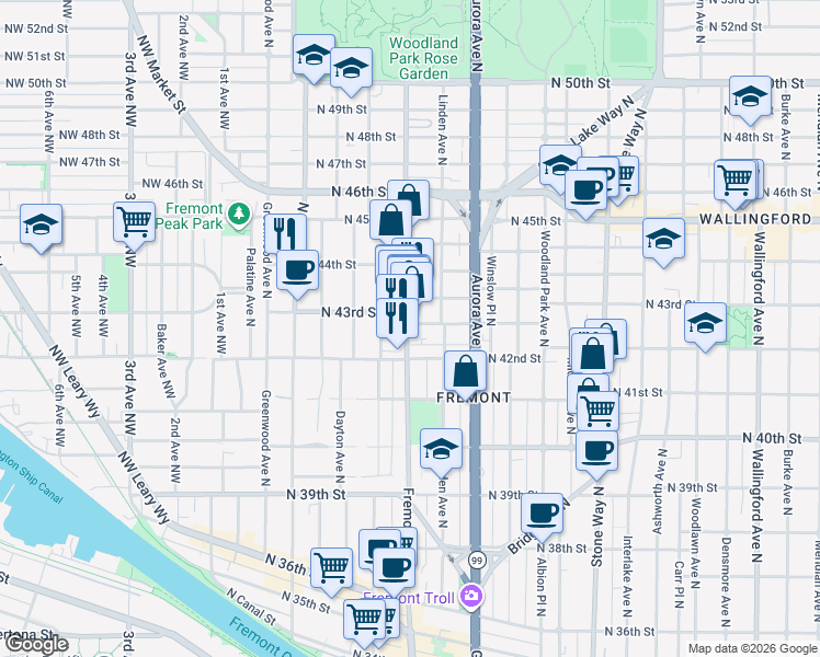 map of restaurants, bars, coffee shops, grocery stores, and more near 4226 Fremont Avenue North in Seattle
