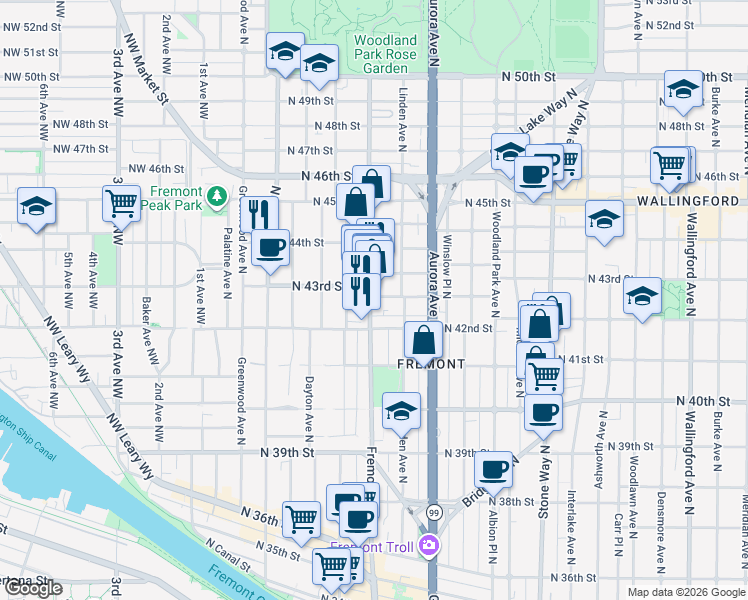 map of restaurants, bars, coffee shops, grocery stores, and more near 705 North Motor Place in Seattle