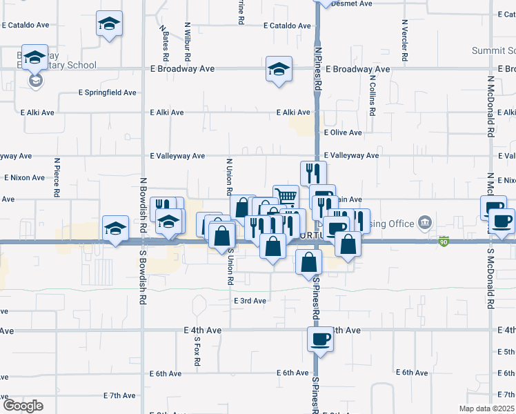 map of restaurants, bars, coffee shops, grocery stores, and more near 12004 East Main Avenue in Spokane Valley