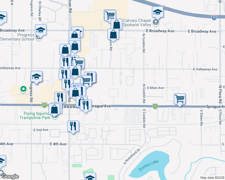 map of restaurants, bars, coffee shops, grocery stores, and more near 15917 East Sprague Avenue in Spokane Valley