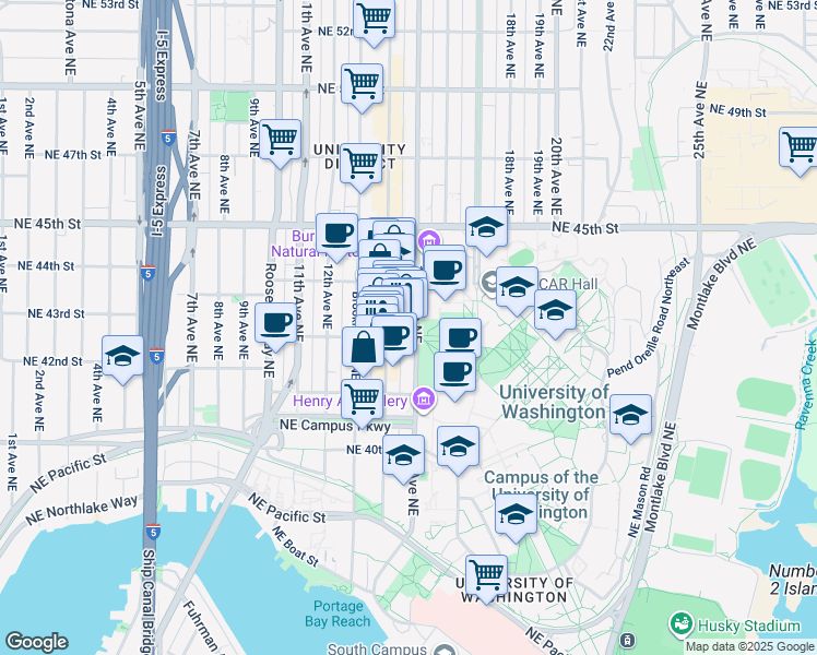map of restaurants, bars, coffee shops, grocery stores, and more near 4138 University Way Northeast in Seattle