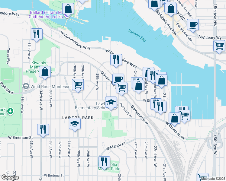 map of restaurants, bars, coffee shops, grocery stores, and more near 4210 27th Avenue West in Seattle