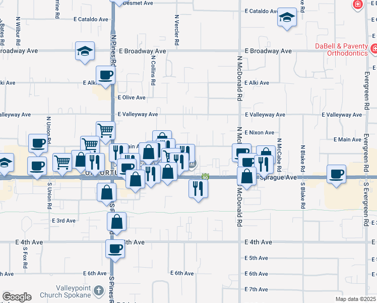 map of restaurants, bars, coffee shops, grocery stores, and more near 12803 East Sprague Avenue in Spokane
