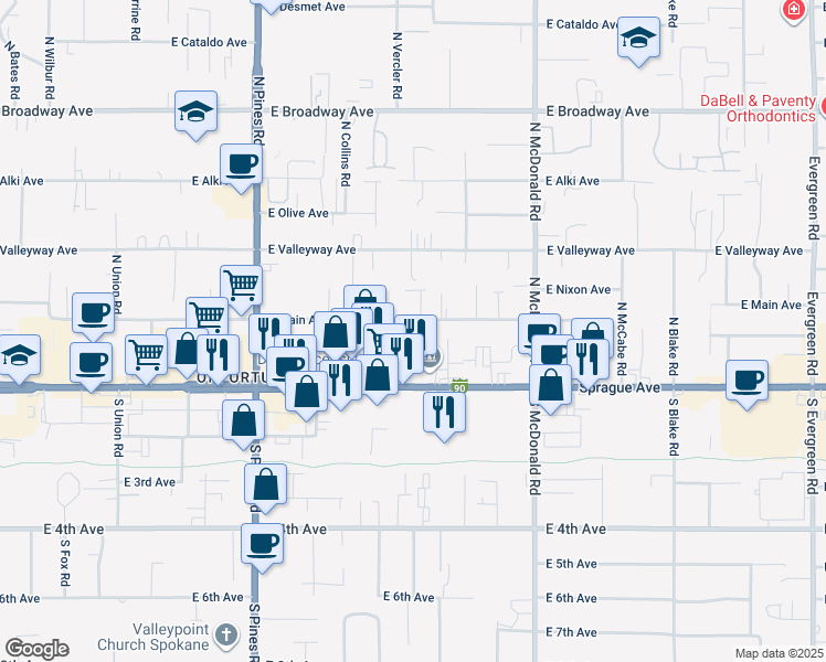 map of restaurants, bars, coffee shops, grocery stores, and more near 12803 East Sprague Avenue in Spokane