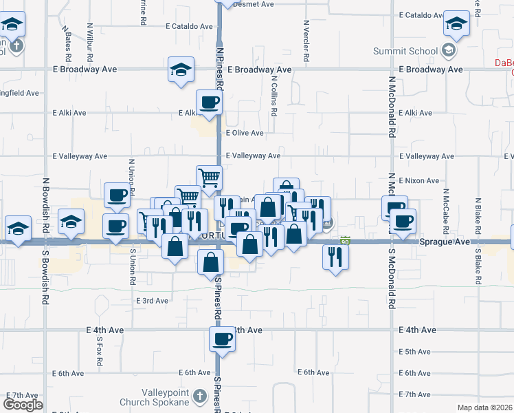 map of restaurants, bars, coffee shops, grocery stores, and more near 102 North Houk Road in Spokane Valley