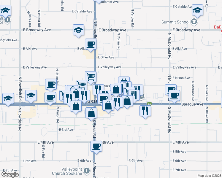 map of restaurants, bars, coffee shops, grocery stores, and more near 102 North Houk Road in Spokane Valley