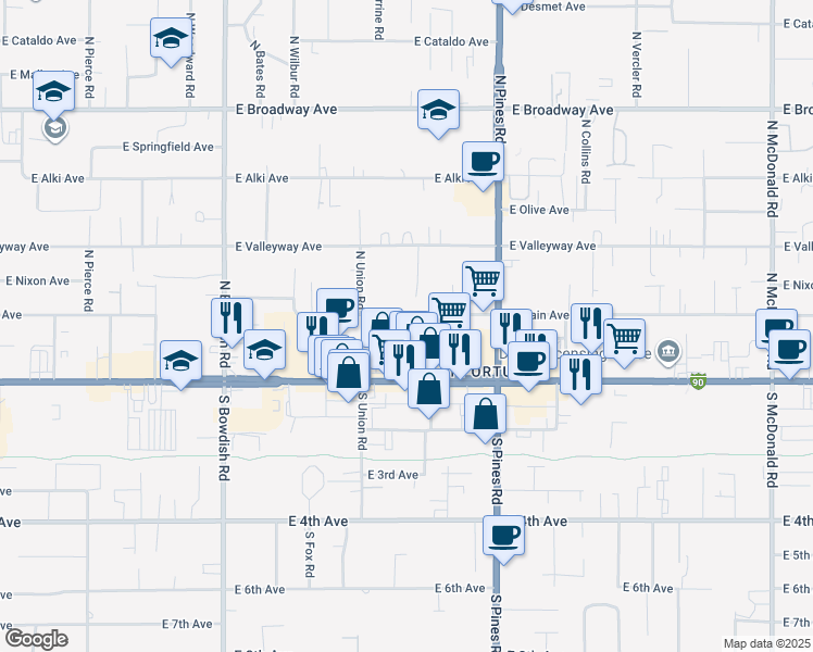 map of restaurants, bars, coffee shops, grocery stores, and more near 12109 E Sprague Ave in Spokane Valley
