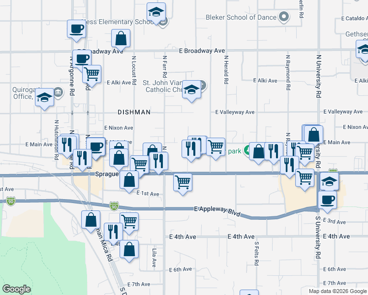 map of restaurants, bars, coffee shops, grocery stores, and more near 103 Sunderland Court in Spokane Valley