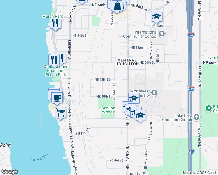 map of restaurants, bars, coffee shops, grocery stores, and more near 5519 106th Avenue Northeast in Kirkland
