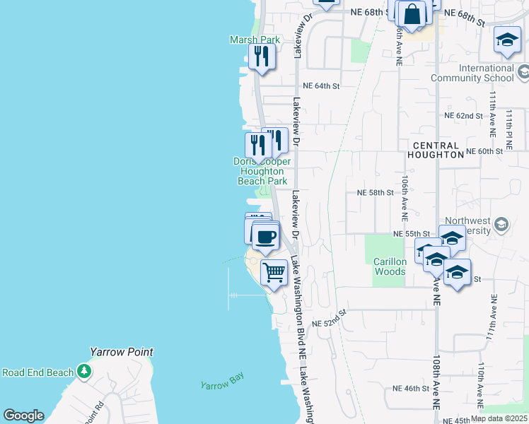 map of restaurants, bars, coffee shops, grocery stores, and more near 5505 Lake Washington Boulevard Northeast in Kirkland