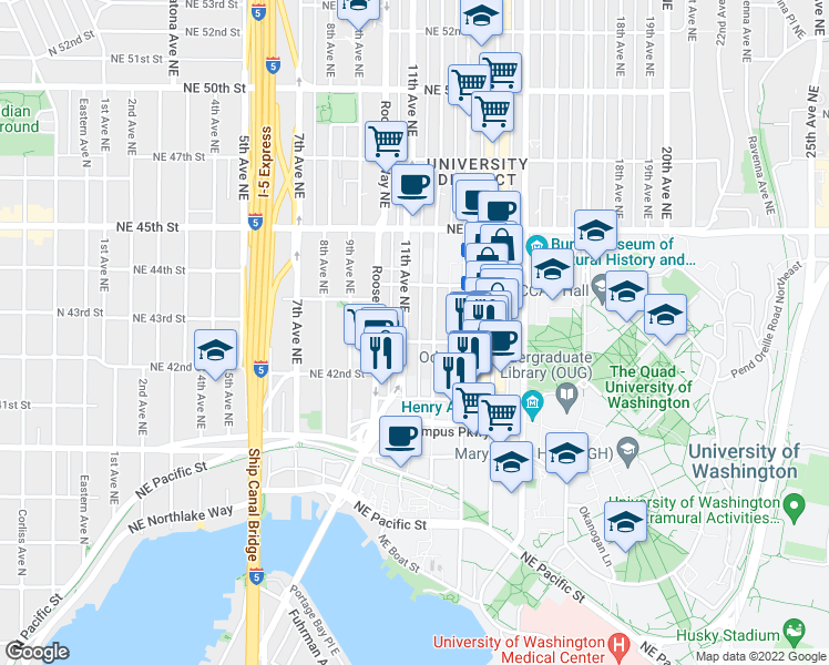 map of restaurants, bars, coffee shops, grocery stores, and more near 4139 12th Avenue Northeast in Seattle