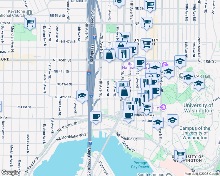 map of restaurants, bars, coffee shops, grocery stores, and more near 4217a 9th Avenue Northeast in Seattle