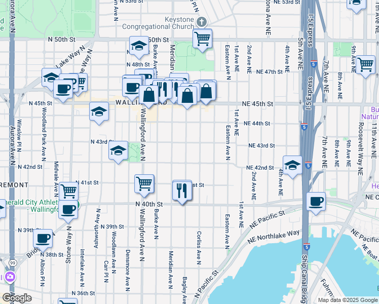 map of restaurants, bars, coffee shops, grocery stores, and more near 2201 North 42nd Street in Seattle