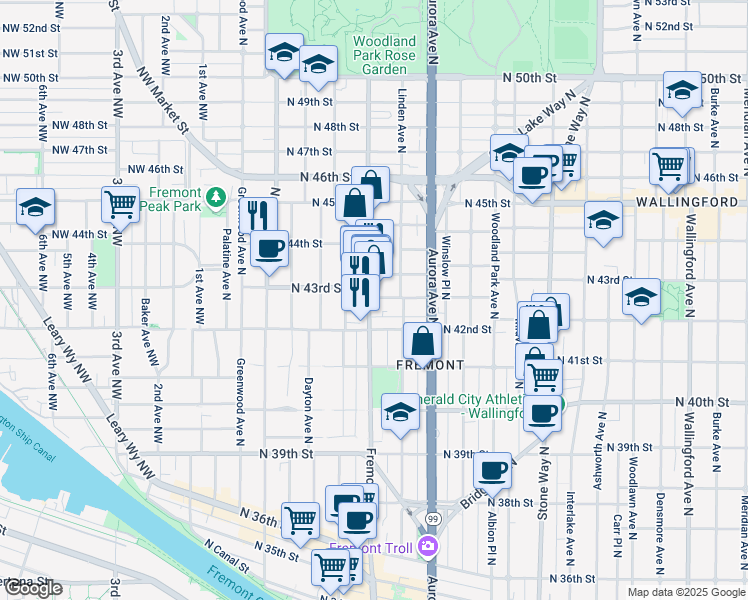 map of restaurants, bars, coffee shops, grocery stores, and more near in Seattle