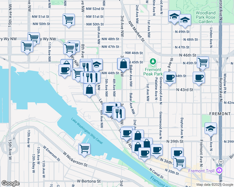 map of restaurants, bars, coffee shops, grocery stores, and more near 302 Northwest 42nd Street in Seattle