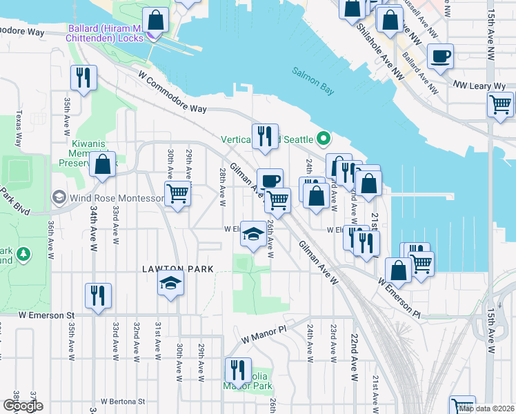 map of restaurants, bars, coffee shops, grocery stores, and more near 4210 27th Avenue West in Seattle