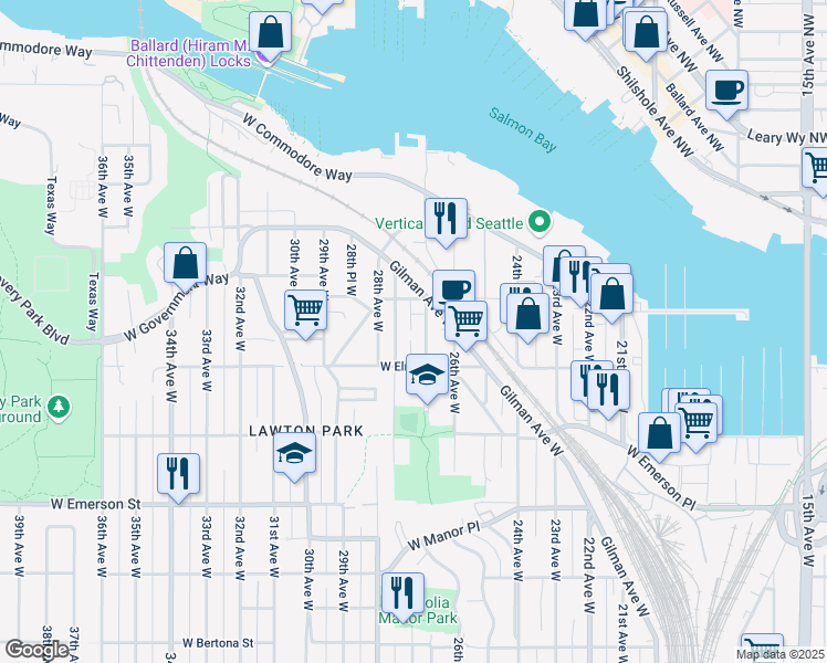 map of restaurants, bars, coffee shops, grocery stores, and more near 4210 27th Avenue West in Seattle