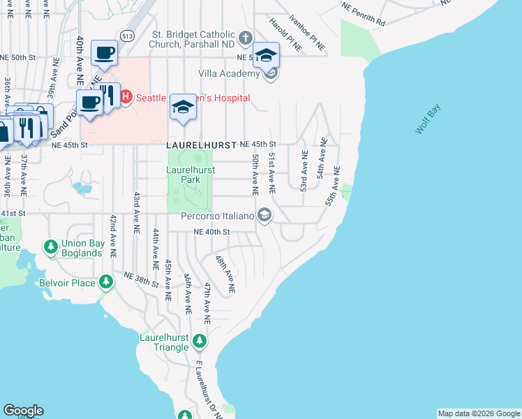 map of restaurants, bars, coffee shops, grocery stores, and more near 5003 Northeast 41st Street in Seattle