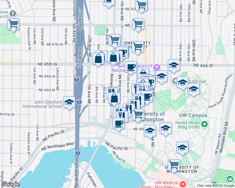 map of restaurants, bars, coffee shops, grocery stores, and more near 4132 Roosevelt Way Northeast in Seattle