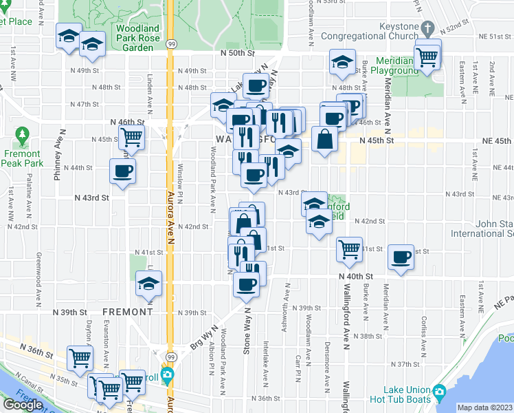 map of restaurants, bars, coffee shops, grocery stores, and more near 1315 North 42nd Street in Seattle