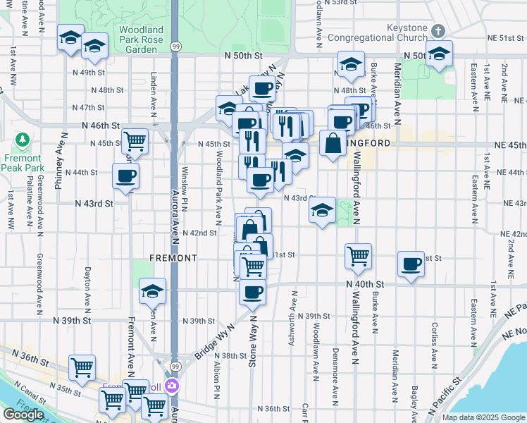 map of restaurants, bars, coffee shops, grocery stores, and more near 1315 North 42nd Street in Seattle