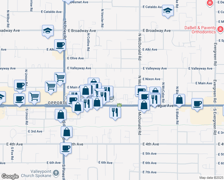 map of restaurants, bars, coffee shops, grocery stores, and more near 12726 East Main Avenue in Spokane Valley